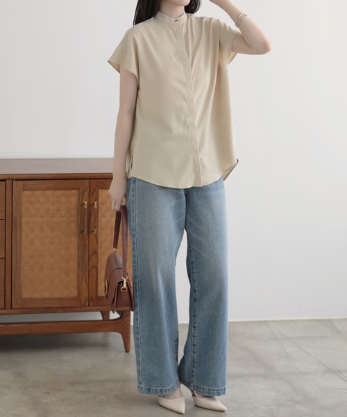 nouvellemoi（ヌーベルモイ）の「比翼フレンチスリーブバンドカラーシャツ（Tシャツ/カットソー・レディース・ブラック/グレイッシュベージュ/ベージュ/アイボリー・S/M/L）」の15枚目の写真