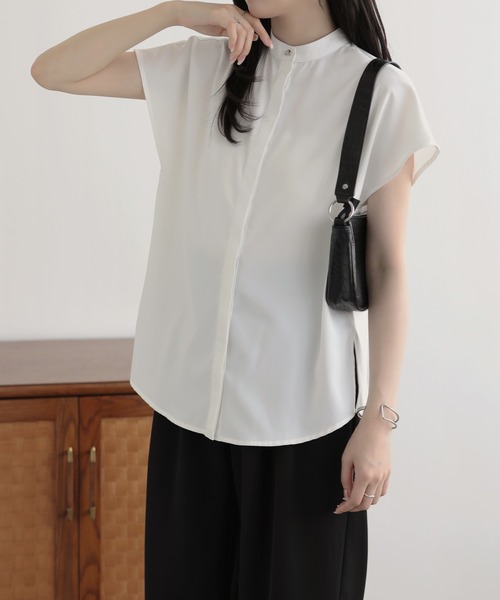 nouvellemoi（ヌーベルモイ）の「比翼フレンチスリーブバンドカラーシャツ（Tシャツ/カットソー・レディース・ブラック/グレイッシュベージュ/ベージュ/アイボリー・S/M/L）」の17枚目の写真