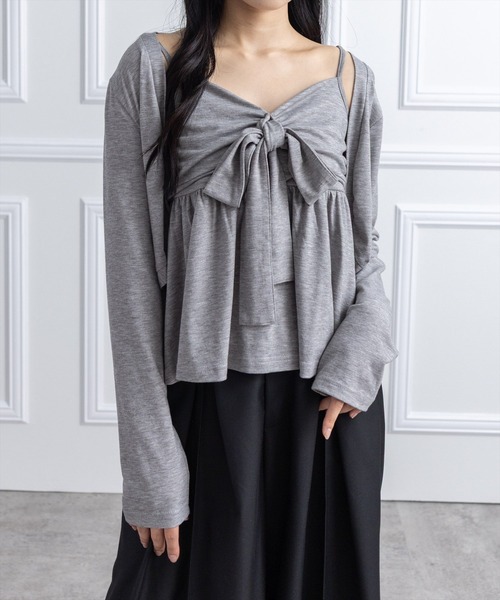 CLEAR BASIC（クリアベーシック）の「フロントリボンビスチェ＆カットボレロセット[オフィスカジュアル リボン フェミニン]（Tシャツ/カットソー・レディース・ブラック/グレー/オフホワイト・F）」の3枚目の写真