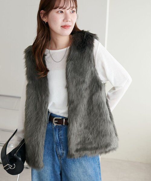 ファーロングベスト　ディスコート セール】【WEB限定】フェイクファーロングベスト（ベスト