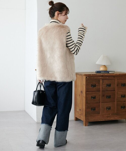 ファーロングベスト　ディスコート Discoat ベスト ジレ 「WEB限定」フェイクファーロングベスト