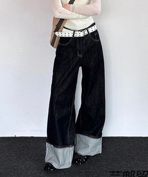 SPIGA(スピーガ)の「ロールアップワイドストレートデニムパンツ(デニムパンツ・レディース・ブラック・SMALL/MEDIUM/LARGE/X-LARGE)」の1枚目の写真