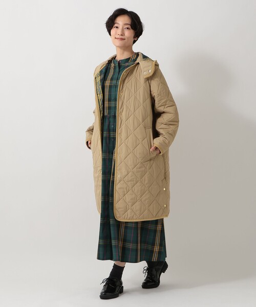 タータンチェック柄フード付きキルトロングコート/Afternoon Tea