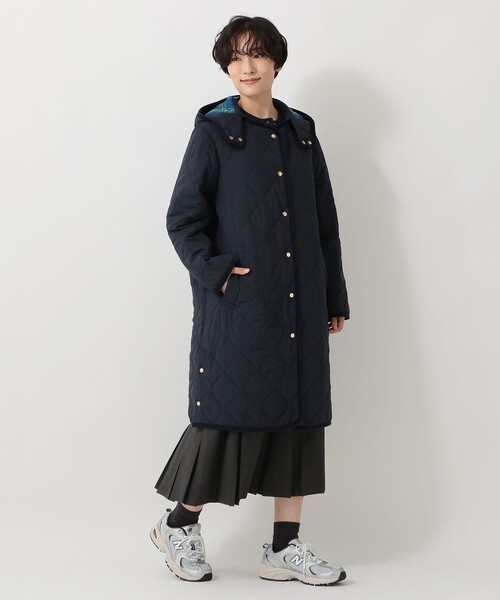 タータンチェック柄フード付きキルトロングコート/Afternoon Tea