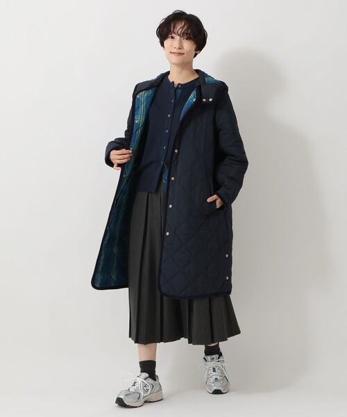 セール】タータンチェック柄フード付きキルトロングコート/Afternoon