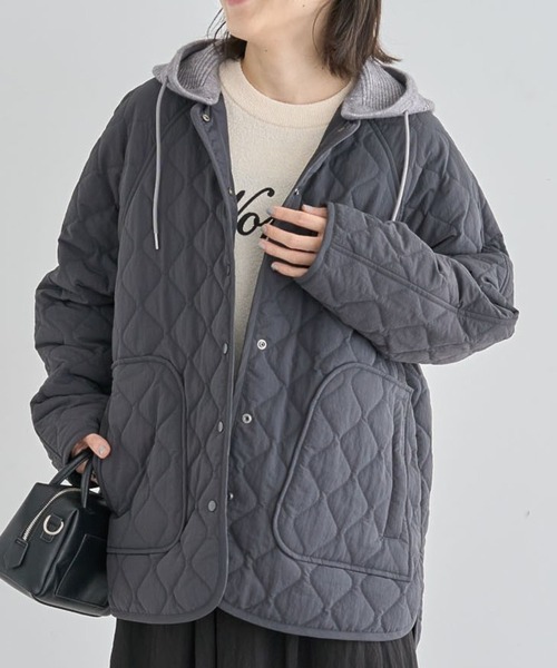 Green　Parks（グリーンパークス）の「2WAYニットフードキルティングブルゾン（ブルゾン・レディース・チャコールグレー/カーキ/ライトグレー・FREE）」の2枚目の写真