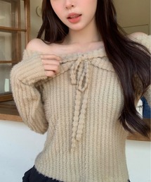 オフショルダー リボン デザイン ニット