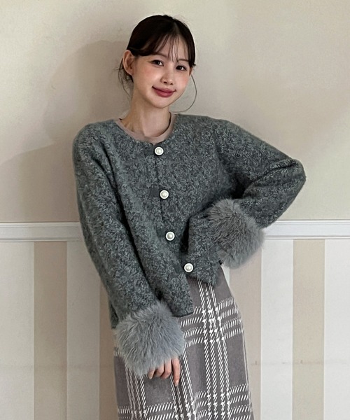 セール】【着用動画あり】ファーカフスパールボタンニットコート