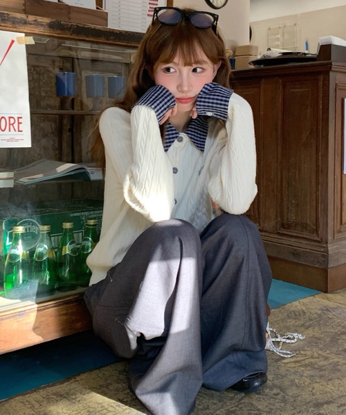 FUNdaysion(ファンデイション)の「チェック切り替えケーブルニットカーディガン(カーディガン/ボレロ・レディース・ネイビー/ホワイト・M)」の20枚目の写真