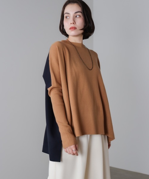 Bou Jeloud(ブージュルード)の「ドルマンスリーブバイカラーニット(ニット/セーター・レディース・キャメル/グリーン/オフホワイト・FREE)」の3枚目の写真