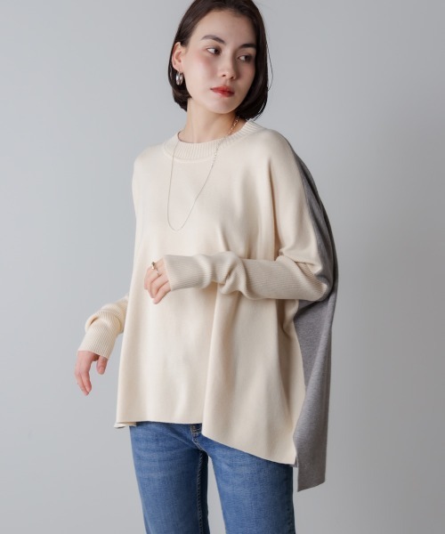 Bou Jeloud(ブージュルード)の「ドルマンスリーブバイカラーニット(ニット/セーター・レディース・キャメル/グリーン/オフホワイト・FREE)」の2枚目の写真