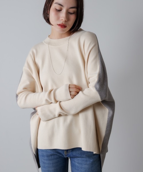 Bou Jeloud(ブージュルード)の「ドルマンスリーブバイカラーニット(ニット/セーター・レディース・キャメル/グリーン/オフホワイト・FREE)」の5枚目の写真