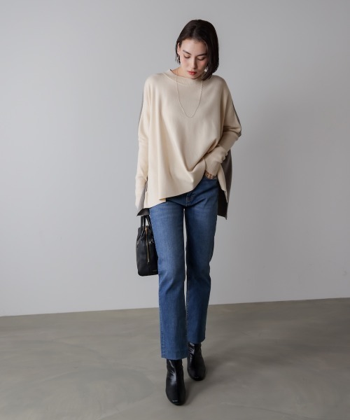 Bou Jeloud(ブージュルード)の「ドルマンスリーブバイカラーニット(ニット/セーター・レディース・キャメル/グリーン/オフホワイト・FREE)」の6枚目の写真