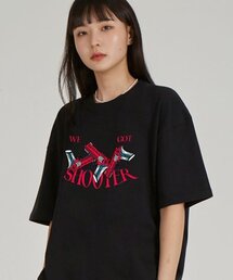 フロントシュター ラウンドネック 40番手二重織綿半袖Tシャツ_ブラック