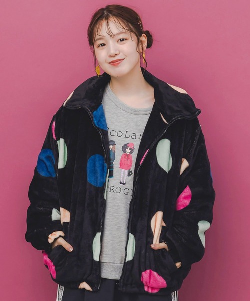 ScoLar(スカラー)の「153735:カラフルドット柄 双面フランネルブルゾン(ブルゾン・レディース・ブラック/グレー・M)」の1枚目の写真