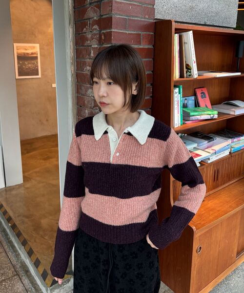 POKER FACE（ポーカーフェイス）の「(W)RUGBY SWEATER DEEP PEACH/BURGUNDY（ニット/セーター・レディース・バーガンディー・46）」の8枚目の写真