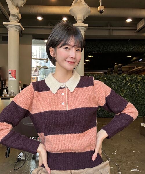 POKER FACE（ポーカーフェイス）の「(W)RUGBY SWEATER DEEP PEACH/BURGUNDY（ニット/セーター・レディース・バーガンディー・46）」の2枚目の写真