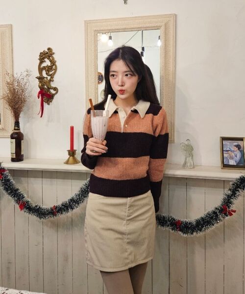 POKER FACE（ポーカーフェイス）の「(W)RUGBY SWEATER DEEP PEACH/BURGUNDY（ニット/セーター・レディース・バーガンディー・46）」の3枚目の写真