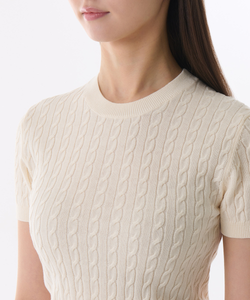 MUSINSA STANDARD WOMAN（ムシンサスタンダードウーマン）の「ウィメンズケーブルクルーネック半袖ニット[クリーム]（ニット/セーター・レディース・その他・LARGE/MEDIUM/SMALL/X-SMALL）」の5枚目の写真