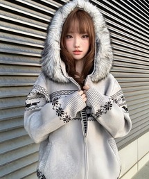ファーフード付き　ジップカーディガン