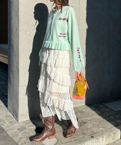 CIAOPANIC(チャオパニック)の「メッセージ刺繡配色ロゴフリルニットカーディガン(カーディガン/ボレロ・レディース・グレー/チャコールグレー/イエロー/ネイビー/ミント/ピンク・ONE SIZE)」の8枚目の写真