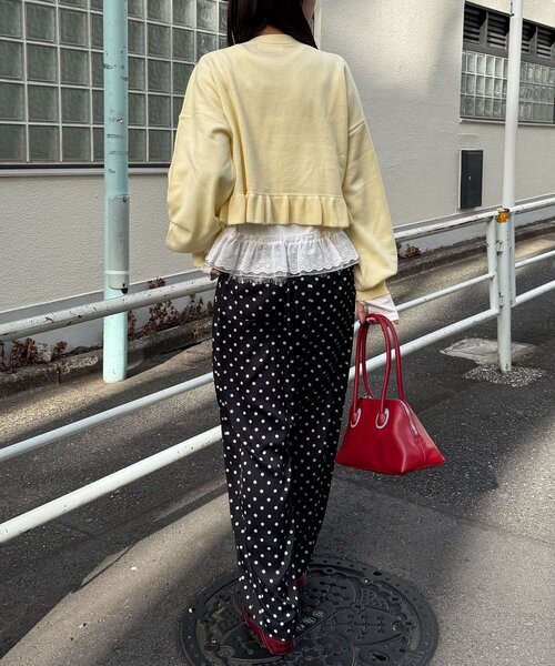 CIAOPANIC(チャオパニック)の「メッセージ刺繡配色ロゴフリルニットカーディガン(カーディガン/ボレロ・レディース・グレー/チャコールグレー/イエロー/ネイビー/ミント/ピンク・ONE SIZE)」の14枚目の写真