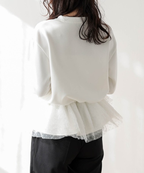 AMELY(エミリー)の「ドットチュール ドッキングペプラムトップス(Tシャツ/カットソー・レディース・ホワイト/グレー/ブラック・フリー)」の5枚目の写真