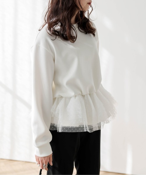 AMELY(エミリー)の「ドットチュール ドッキングペプラムトップス(Tシャツ/カットソー・レディース・ホワイト/グレー/ブラック・フリー)」の6枚目の写真