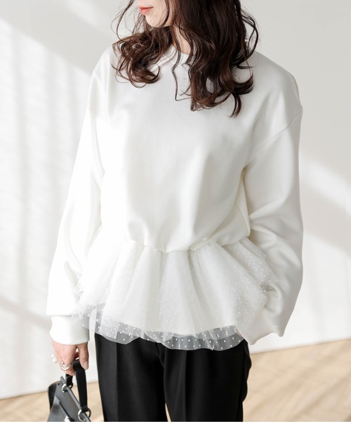 AMELY(エミリー)の「ドットチュール ドッキングペプラムトップス(Tシャツ/カットソー・レディース・ホワイト/グレー/ブラック・フリー)」の7枚目の写真