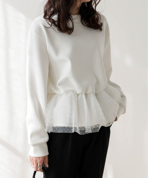 AMELY(エミリー)の「ドットチュール ドッキングペプラムトップス(Tシャツ/カットソー・レディース・ホワイト/グレー/ブラック・フリー)」の8枚目の写真