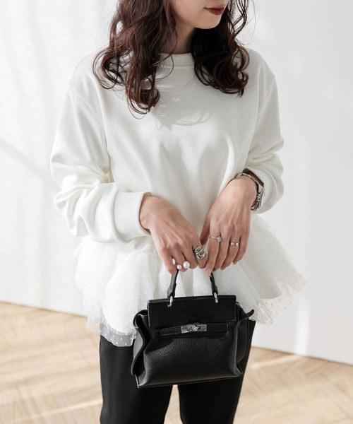AMELY(エミリー)の「ドットチュール ドッキングペプラムトップス(Tシャツ/カットソー・レディース・ホワイト/グレー/ブラック・フリー)」の9枚目の写真