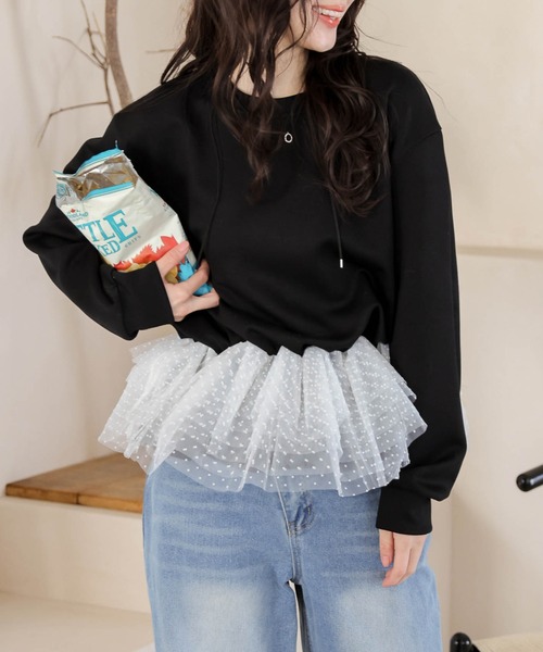 AMELY(エミリー)の「ドットチュール ドッキングペプラムトップス(Tシャツ/カットソー・レディース・ホワイト/グレー/ブラック・フリー)」の11枚目の写真