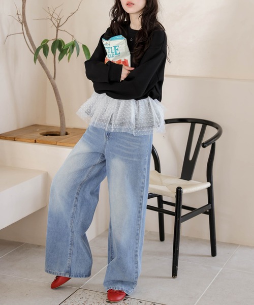 AMELY(エミリー)の「ドットチュール ドッキングペプラムトップス(Tシャツ/カットソー・レディース・ホワイト/グレー/ブラック・フリー)」の12枚目の写真