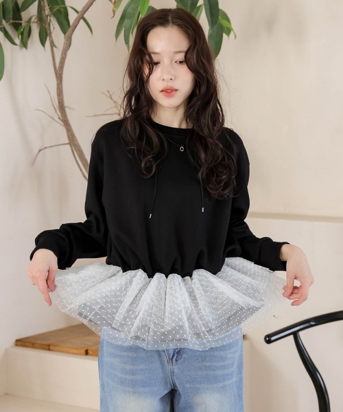 AMELY(エミリー)の「ドットチュール ドッキングペプラムトップス(Tシャツ/カットソー・レディース・ホワイト/グレー/ブラック・フリー)」の13枚目の写真