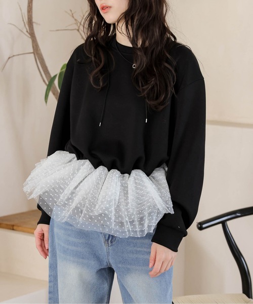 AMELY(エミリー)の「ドットチュール ドッキングペプラムトップス(Tシャツ/カットソー・レディース・ホワイト/グレー/ブラック・フリー)」の15枚目の写真