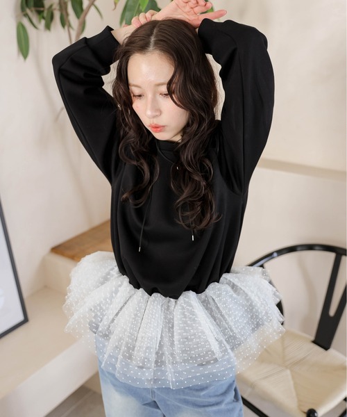 AMELY(エミリー)の「ドットチュール ドッキングペプラムトップス(Tシャツ/カットソー・レディース・ホワイト/グレー/ブラック・フリー)」の16枚目の写真