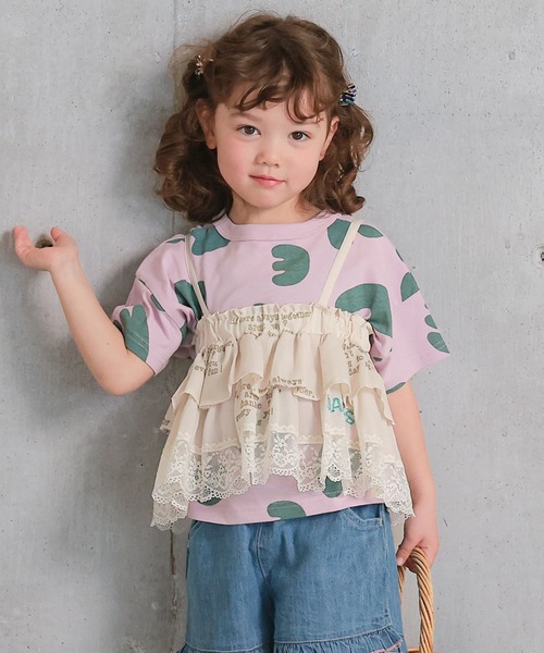 MARKEY'S（マーキーズ）の「レースレイヤードチュニック（チュニック・キッズ・サーモンピンク/ライム/オフホワイト・M/L）」の2枚目の写真