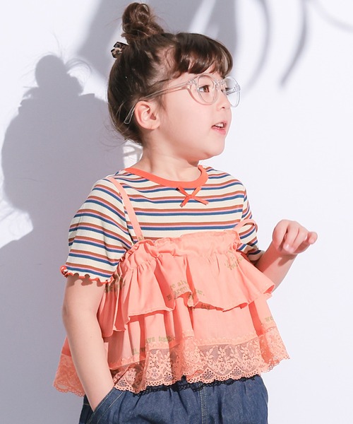 MARKEY'S（マーキーズ）の「レースレイヤードチュニック（チュニック・キッズ・サーモンピンク/ライム/オフホワイト・M/L）」の3枚目の写真
