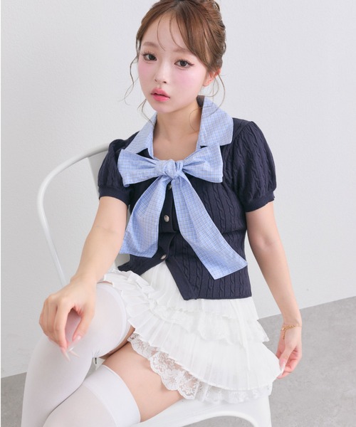 OLIVE des OLIVE（オリーブデオリーブ）の「ボウタイシャツレイヤード風ニット（ニット/セーター・レディース・トップグレー/ブルー/ブラック/ピンク・FREE）」の3枚目の写真