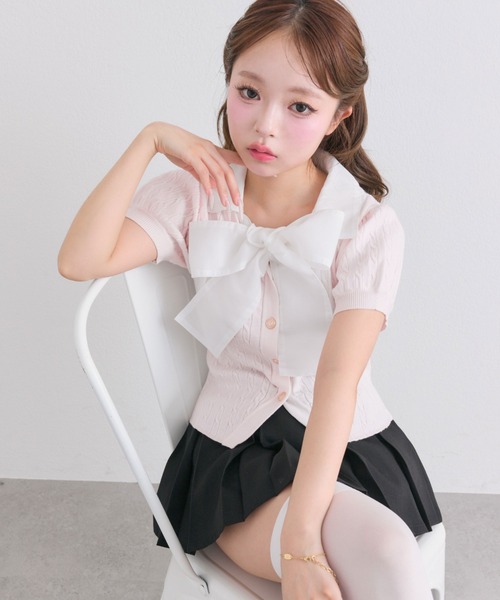 OLIVE des OLIVE（オリーブデオリーブ）の「ボウタイシャツレイヤード風ニット（ニット/セーター・レディース・トップグレー/ブルー/ブラック/ピンク・FREE）」の12枚目の写真