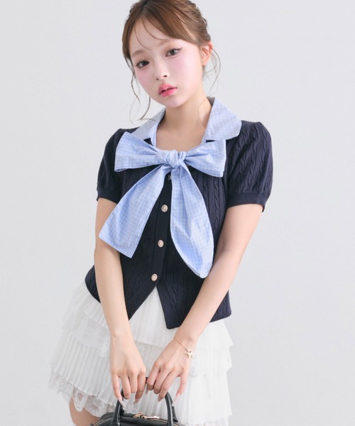 OLIVE des OLIVE（オリーブデオリーブ）の「ボウタイシャツレイヤード風ニット（ニット/セーター・レディース・トップグレー/ブルー/ブラック/ピンク・FREE）」の19枚目の写真