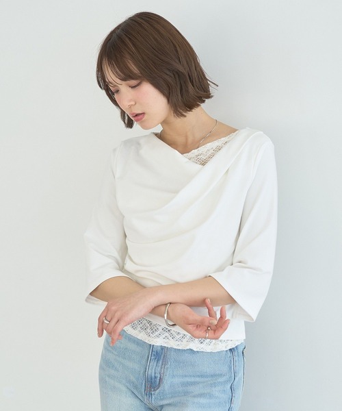 earth music&ecology(アースミュージックアンドエコロジー)の「レースレイヤードドレーププルオーバー(Tシャツ/カットソー・レディース・モカ/ブラック/オフホワイト・FREE)」の14枚目の写真
