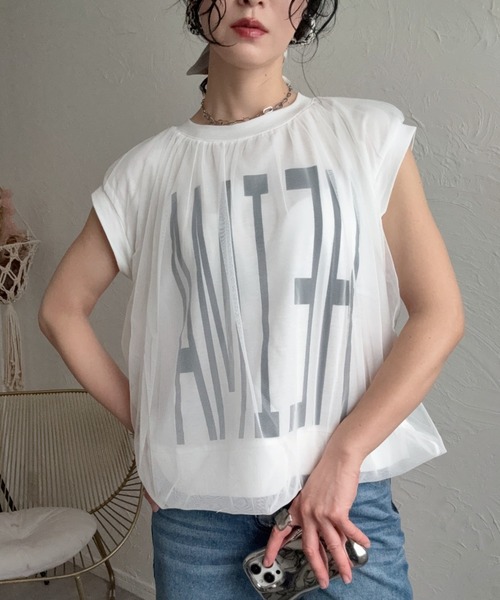 deux amour(ドゥーザムール)の「チュールドッキングTシャツ(Tシャツ/カットソー・レディース・ブラック/モカ/ホワイト・M~L)」の13枚目の写真