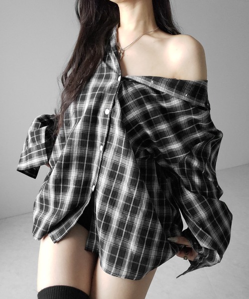 me+em select（ミームセレクト）の「※※【 ２color 】ビッグシルエットブラックシアーチェックシャツ ／ big silhouette black sheer check shirt（シャツ/ブラウス・レディース・ホワイト/ブラック・FREE）」の5枚目の写真