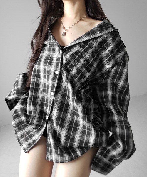 me+em select（ミームセレクト）の「※※【 ２color 】ビッグシルエットブラックシアーチェックシャツ ／ big silhouette black sheer check shirt（シャツ/ブラウス・レディース・ホワイト/ブラック・FREE）」の8枚目の写真