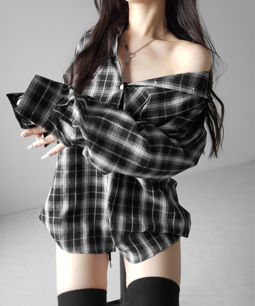 me+em select（ミームセレクト）の「※※【 ２color 】ビッグシルエットブラックシアーチェックシャツ ／ big silhouette black sheer check shirt（シャツ/ブラウス・レディース・ホワイト/ブラック・FREE）」の10枚目の写真