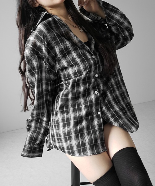 me+em select（ミームセレクト）の「※※【 ２color 】ビッグシルエットブラックシアーチェックシャツ ／ big silhouette black sheer check shirt（シャツ/ブラウス・レディース・ホワイト/ブラック・FREE）」の11枚目の写真