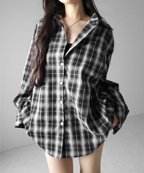 me+em select（ミームセレクト）の「※※【 ２color 】ビッグシルエットブラックシアーチェックシャツ ／ big silhouette black sheer check shirt（シャツ/ブラウス・レディース・ホワイト/ブラック・FREE）」の14枚目の写真