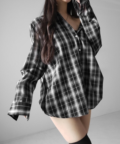 me+em select（ミームセレクト）の「※※【 ２color 】ビッグシルエットブラックシアーチェックシャツ ／ big silhouette black sheer check shirt（シャツ/ブラウス・レディース・ホワイト/ブラック・FREE）」の15枚目の写真