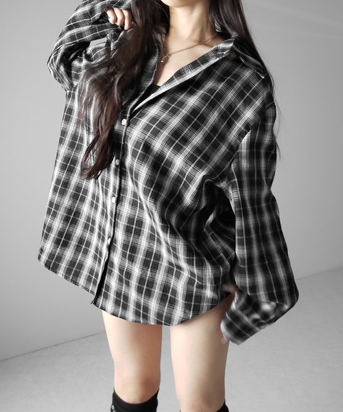 me+em select（ミームセレクト）の「※※【 ２color 】ビッグシルエットブラックシアーチェックシャツ ／ big silhouette black sheer check shirt（シャツ/ブラウス・レディース・ホワイト/ブラック・FREE）」の16枚目の写真